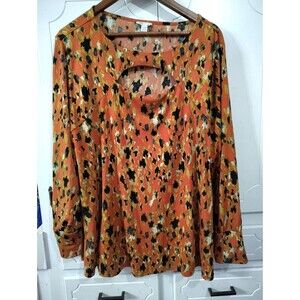 CATO Womens Long Sleeve Tunic Orange Black Gold Keyhole Pullover Top Size 22/24W